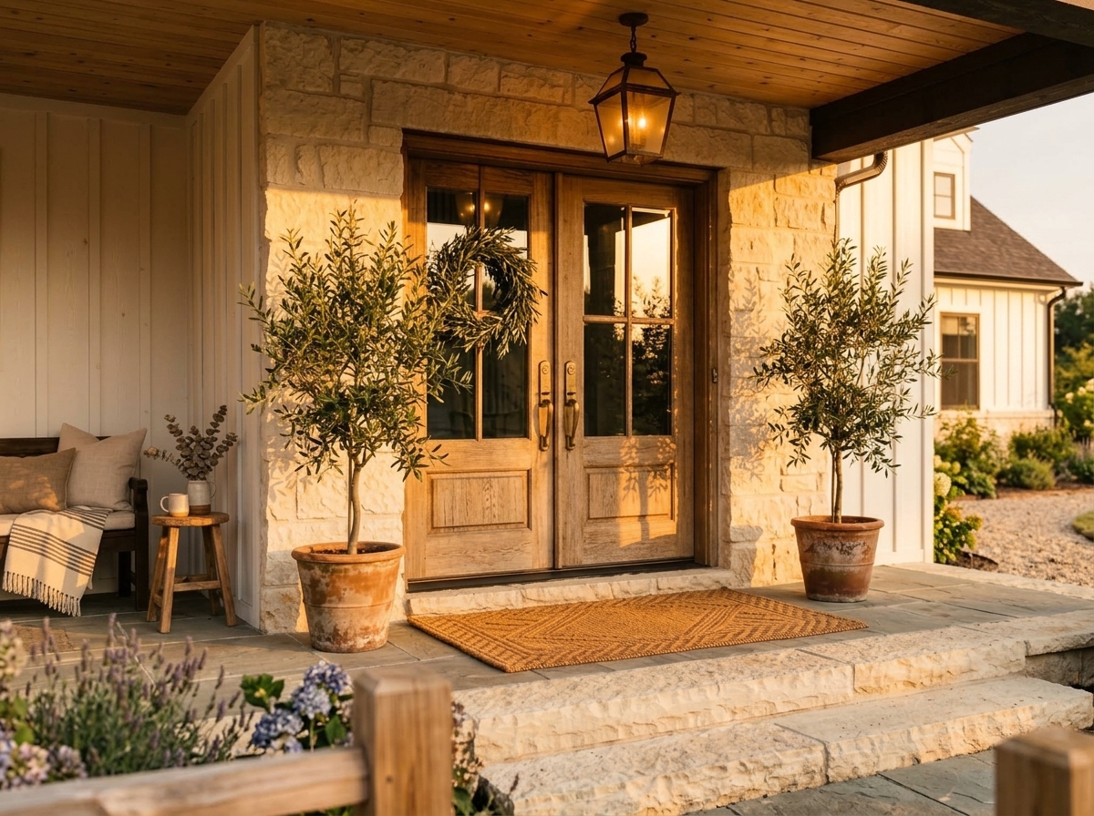 Threshold Supply Co. natural coir doormat in a sunlit stone entryway