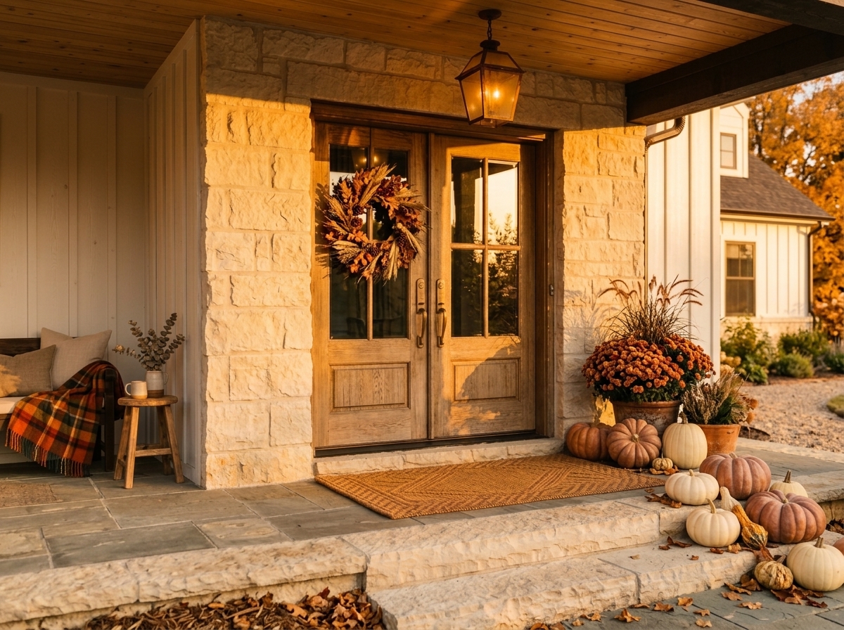 Threshold Supply Co. natural coir doormat in a sunlit stone entryway